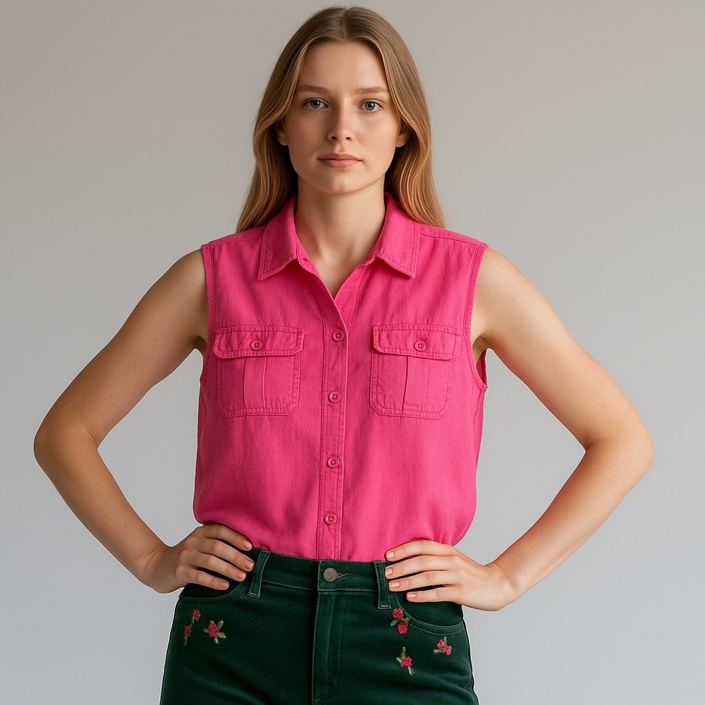 Pink Linen Blend Top Women's 2X Sleeveless Button Down Coastal Chic Resortwear‎
